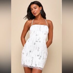 Lulus Sparkly Icon White Tulle 3D Floral Sequin Lace up mini dresss